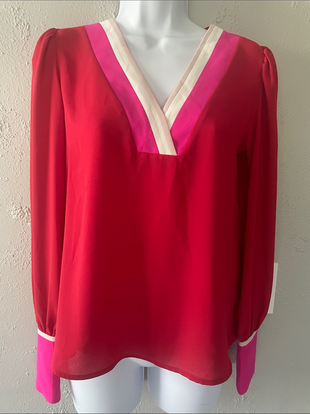 Express Red V-Neck Blouse With Pink And Cream Trim